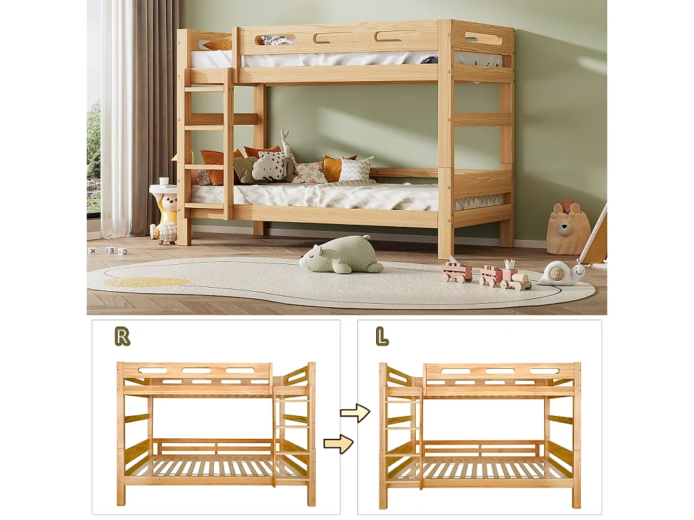 Houten stapelbed 90×200, massief grenen en MDF, stal met ladder en valbeveiliging, ruimtebesparend, robuust wit