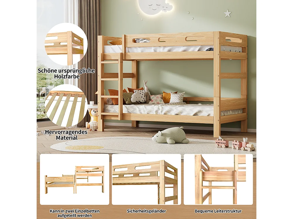 Houten stapelbed 90×200, massief grenen en MDF, stal met ladder en valbeveiliging, ruimtebesparend, robuust wit