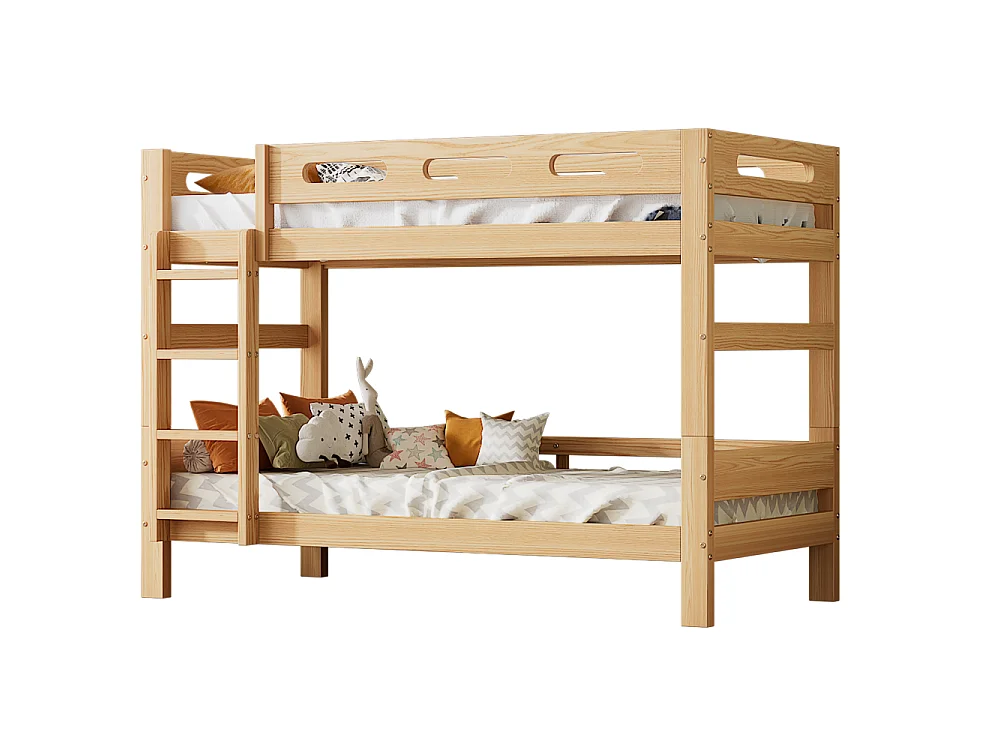 Houten stapelbed 90×200, massief grenen en MDF, stal met ladder en valbeveiliging, ruimtebesparend, robuust wit