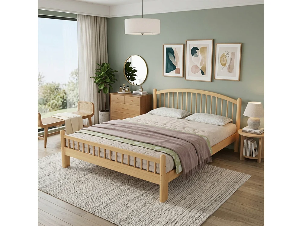 Cama de madera maciza 140×200 cm,con cabecero de rejilla, somier de láminas estable, armazón de madera duradero, cama individual escandinava universal