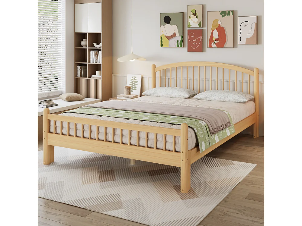 Cama de madera maciza 140×200 cm,con cabecero de rejilla, somier de láminas estable, armazón de madera duradero, cama individual escandinava universal
