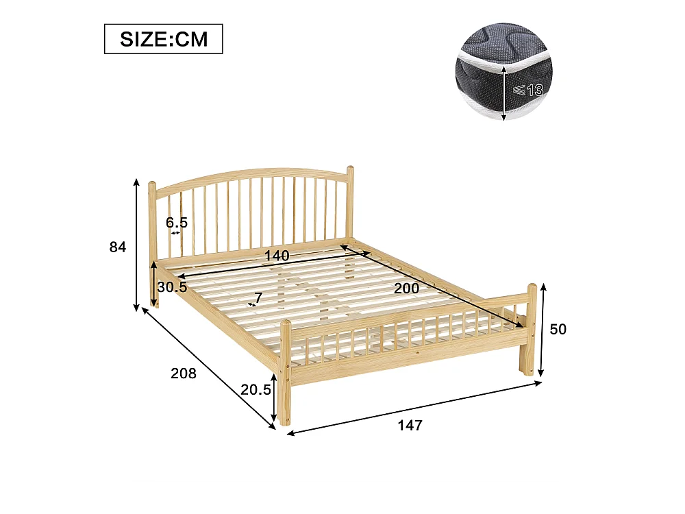 Cama de madera maciza 140×200 cm,con cabecero de rejilla, somier de láminas estable, armazón de madera duradero, cama individual escandinava universal