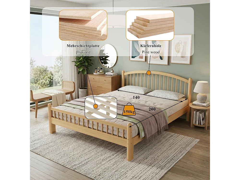 Cama de madera maciza 140×200 cm,con cabecero de rejilla, somier de láminas estable, armazón de madera duradero, cama individual escandinava universal
