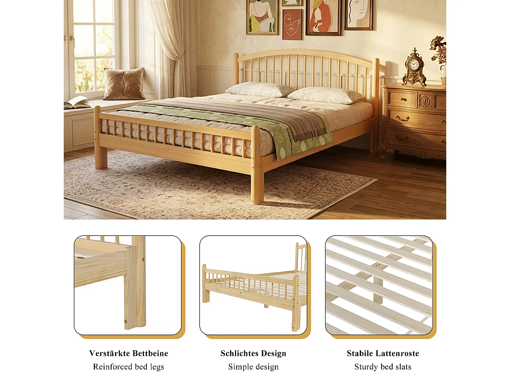 Cama de madera maciza 140×200 cm,con cabecero de rejilla, somier de láminas estable, armazón de madera duradero, cama individual escandinava universal