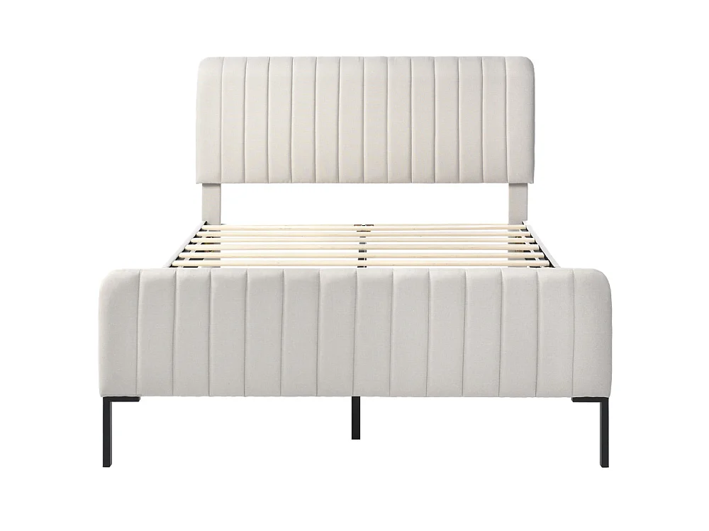 Lit double rembourré en lin gris-beige, tête réglable, pieds métalliques, lit ado/guest