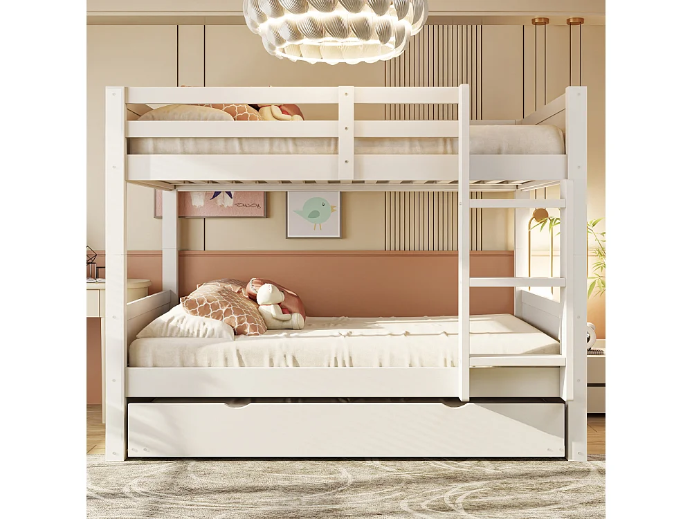 Houten stapelbed 90×200 3‑en‑1 uitklapbaar opklapbed twee eenpersoonsbedden veiligheidsbarrière ladder bedbodem 120 kg