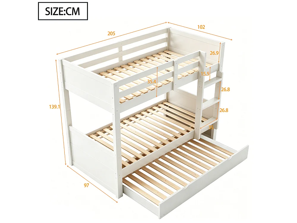 Houten stapelbed 90×200 3‑en‑1 uitklapbaar opklapbed twee eenpersoonsbedden veiligheidsbarrière ladder bedbodem 120 kg