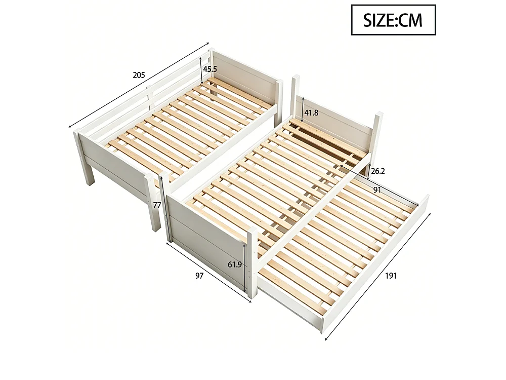 Houten stapelbed 90×200 3‑en‑1 uitklapbaar opklapbed twee eenpersoonsbedden veiligheidsbarrière ladder bedbodem 120 kg