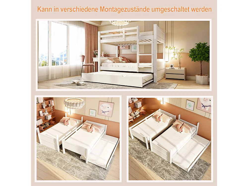 Houten stapelbed 90×200 3‑en‑1 uitklapbaar opklapbed twee eenpersoonsbedden veiligheidsbarrière ladder bedbodem 120 kg