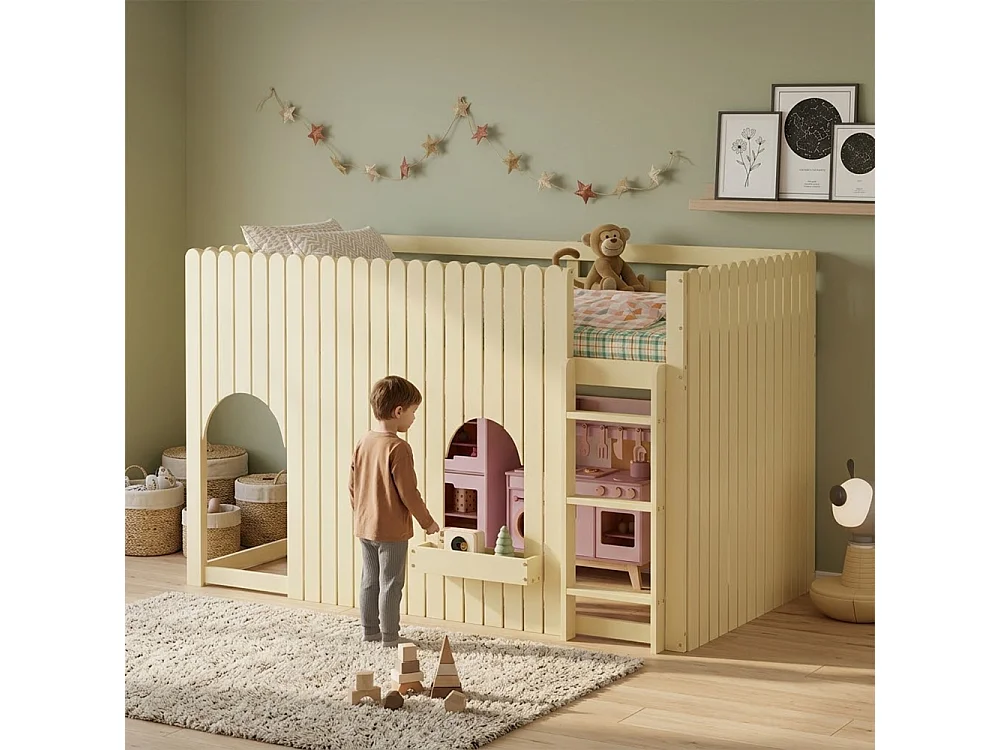 Cama elevada infantil 90×200 en pino y MDF con LED – segura, con escalera y almacenaje, dormitorio moderno