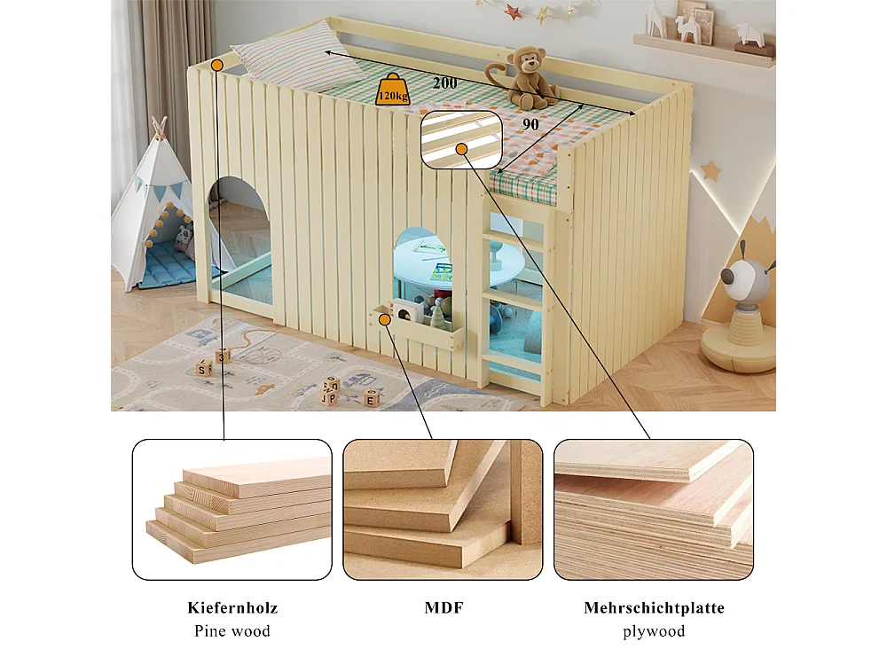 Cama elevada infantil 90×200 en pino y MDF con LED – segura, con escalera y almacenaje, dormitorio moderno