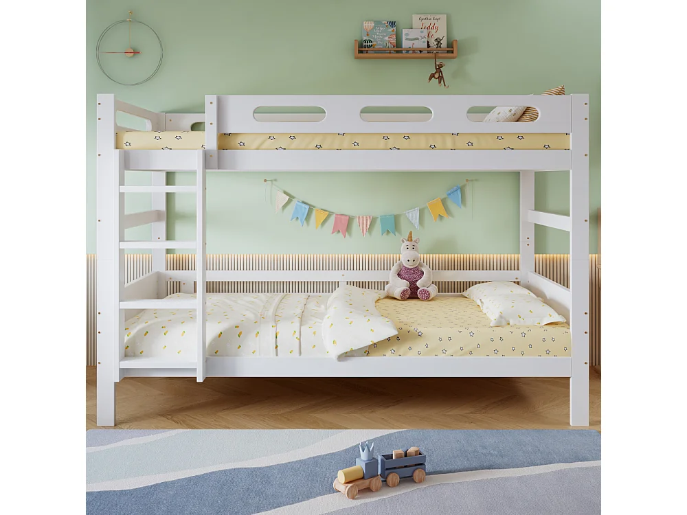 Lit superposé en bois 90×200, pin massif et MDF, stable avec échelle et protection anti-chute, gain de place, beige robuste