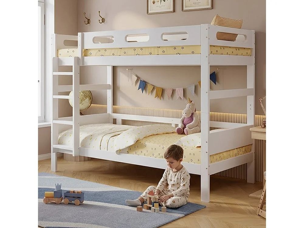 Lit superposé en bois 90×200, pin massif et MDF, stable avec échelle et protection anti-chute, gain de place, beige robuste
