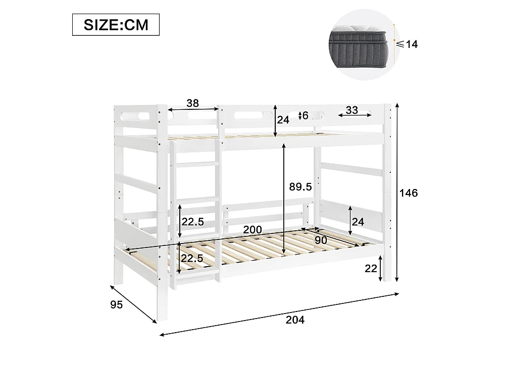 Lit superposé en bois 90×200, pin massif et MDF, stable avec échelle et protection anti-chute, gain de place, beige robuste