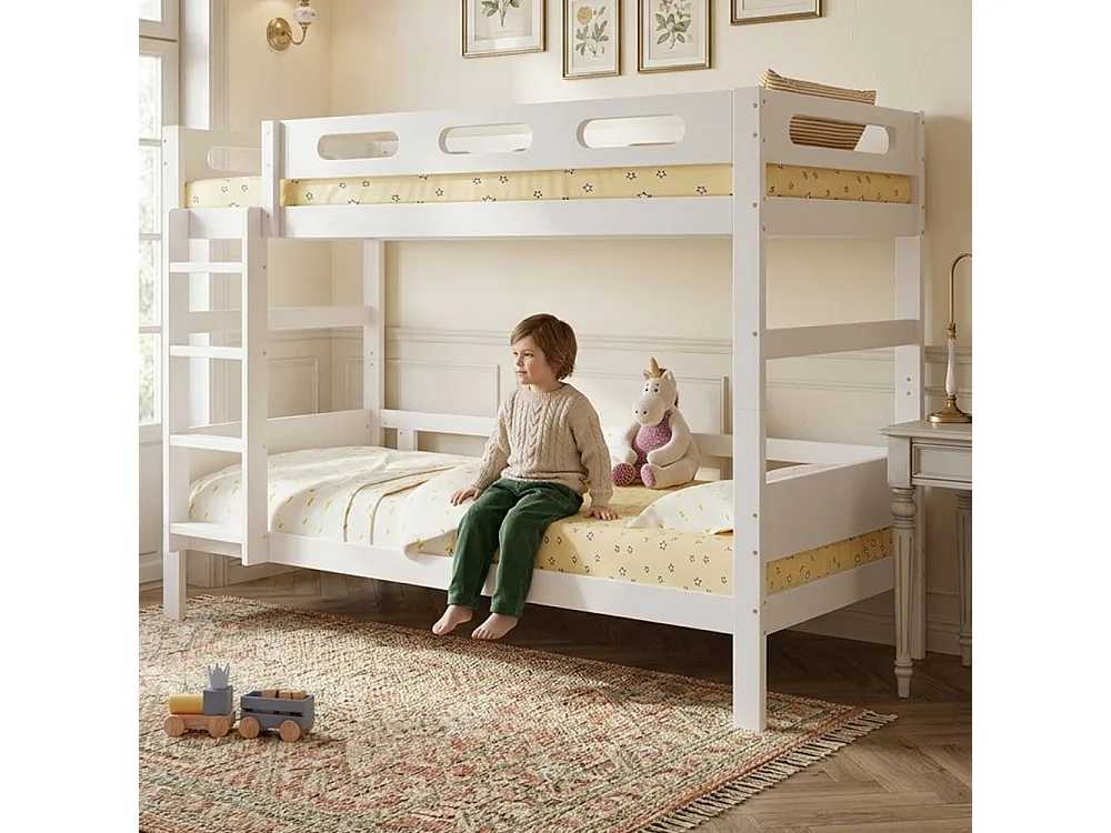 Lit superposé en bois 90×200, pin massif et MDF, stable avec échelle et protection anti-chute, gain de place, beige robuste