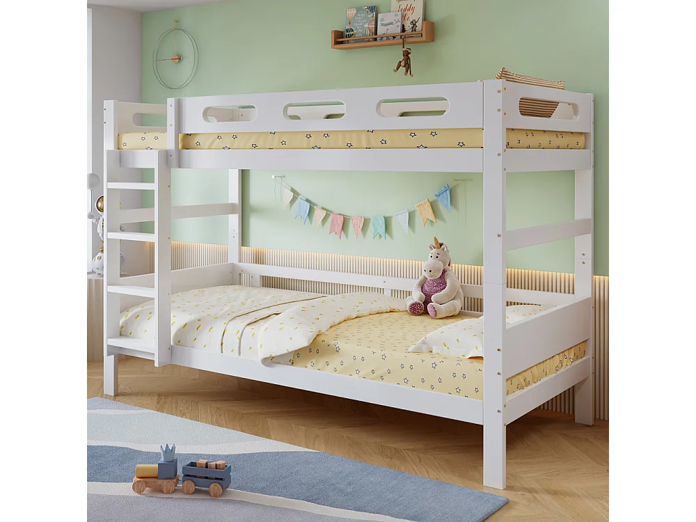 Lit superposé en bois 90×200, pin massif et MDF, stable avec échelle et protection anti-chute, gain de place, beige robuste