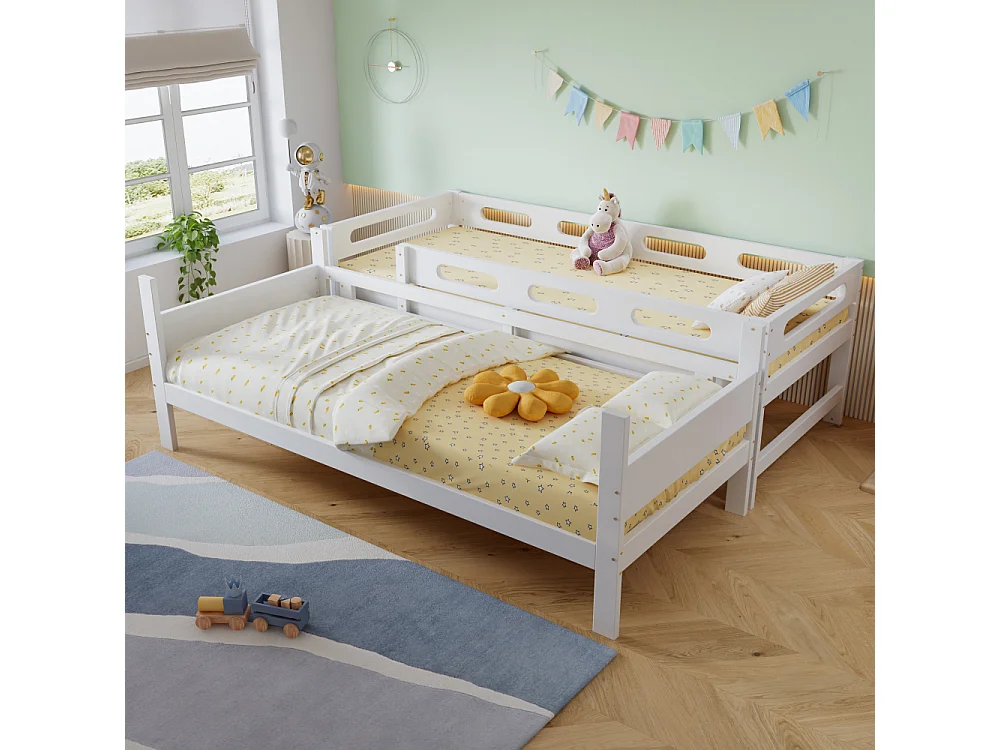 Lit superposé en bois 90×200, pin massif et MDF, stable avec échelle et protection anti-chute, gain de place, beige robuste