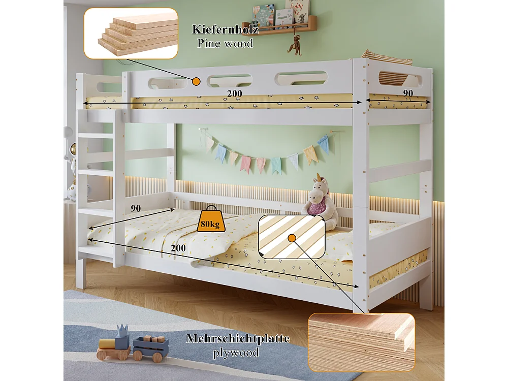 Lit superposé en bois 90×200, pin massif et MDF, stable avec échelle et protection anti-chute, gain de place, beige robuste