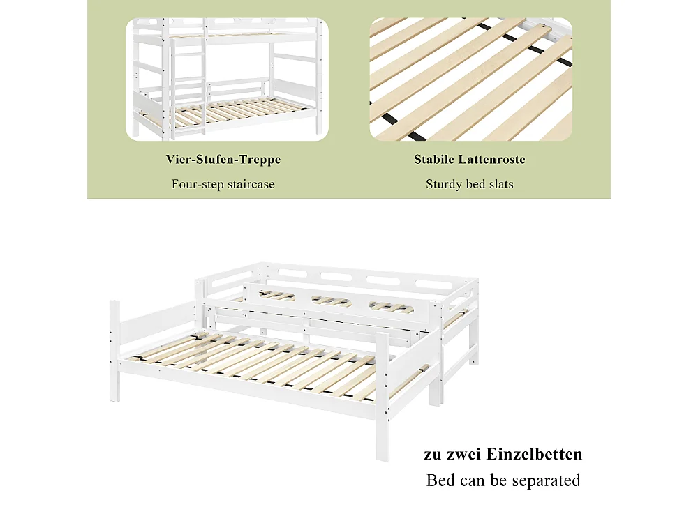 Lit superposé en bois 90×200, pin massif et MDF, stable avec échelle et protection anti-chute, gain de place, beige robuste