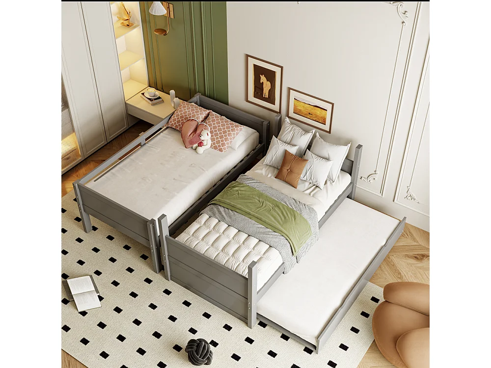 Cama litera de madera 90×200 3en1 cama extraíble convertible dos camas individuales barandilla escalera somier 120 kg