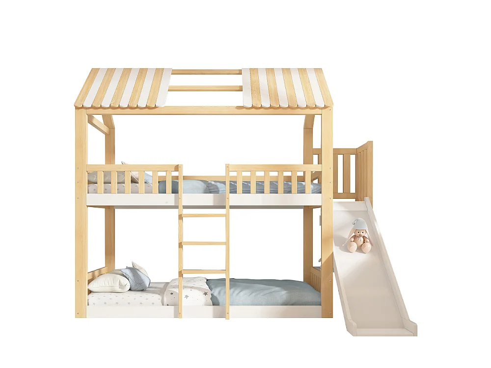 Lit superposé enfant 90x200 bois maison avec toboggan étagère EN747 sécurité chambre enfant