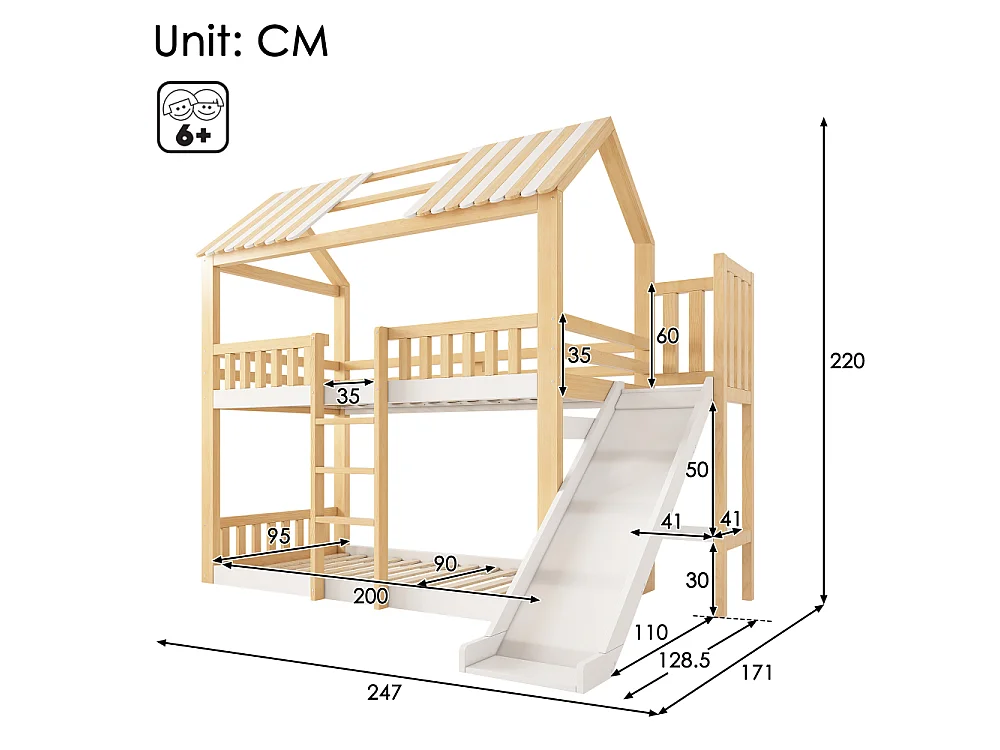 Lit superposé enfant 90x200 bois maison avec toboggan étagère EN747 sécurité chambre enfant