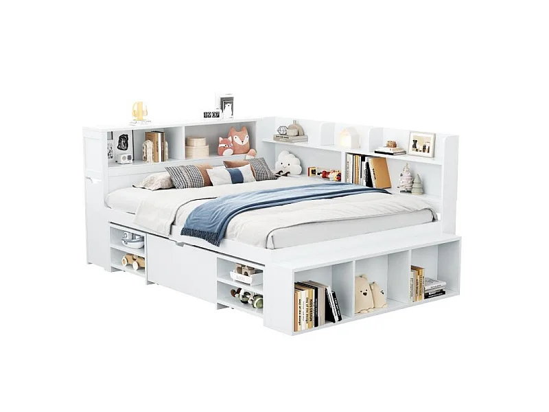 Kinderbed 140x200 cm met opbergruimte, boekenkast, lade, inbouwkast en witte lattenbodem