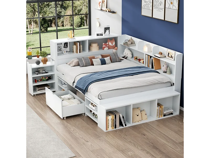 Kinderbed 140x200 cm met opbergruimte, boekenkast, lade, inbouwkast en witte lattenbodem