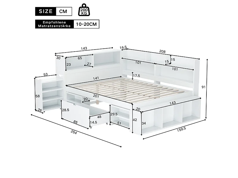 Kinderbed 140x200 cm met opbergruimte, boekenkast, lade, inbouwkast en witte lattenbodem