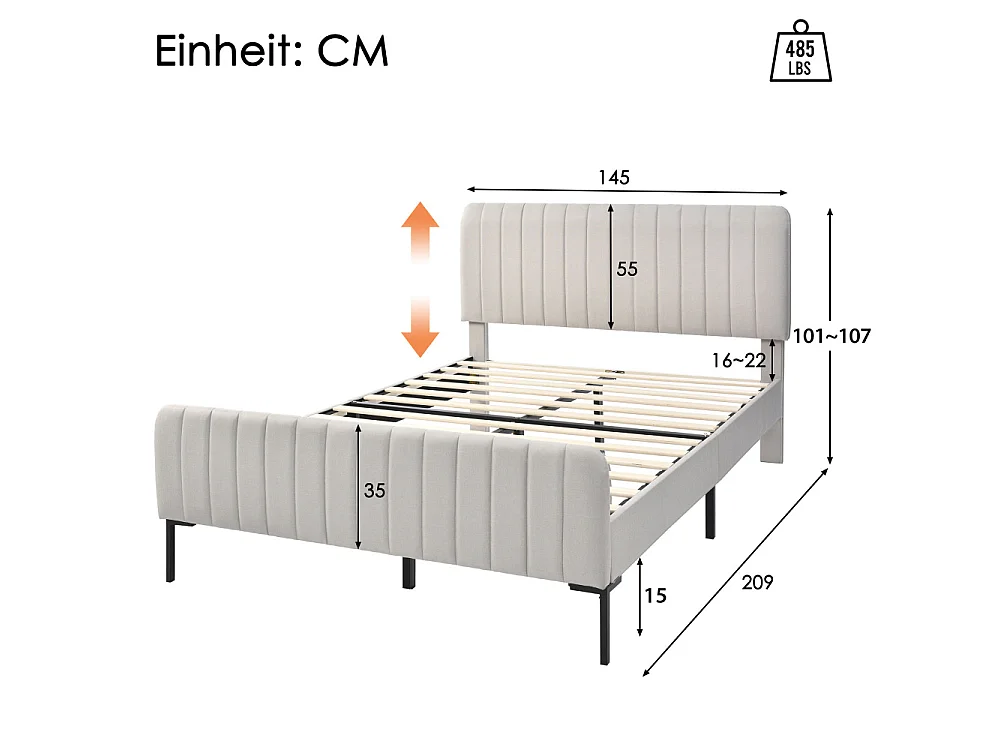 Lit simple rembourré 140×200 cm en lin gris-beige, sommier à lattes, tête réglable, matelas 620 ressorts, ergonomique, pieds métalliques