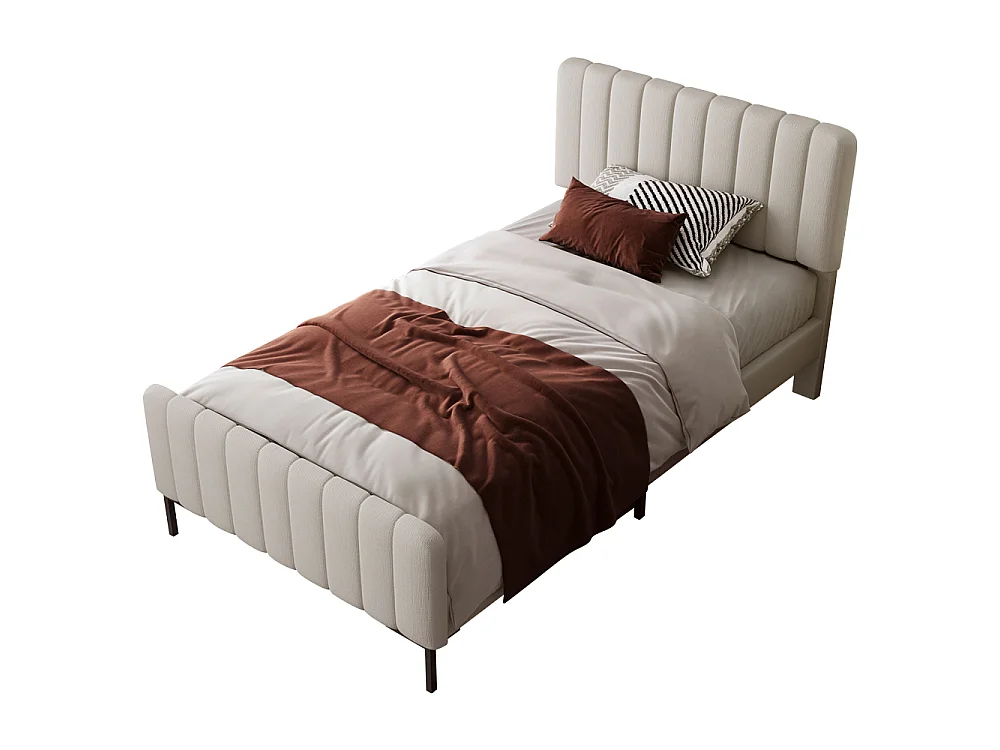 Eenpersoonsbed 90×200 cm in linnenstof, verstelbaar hoofdeinde, houten onderstel en comfortabel modern design