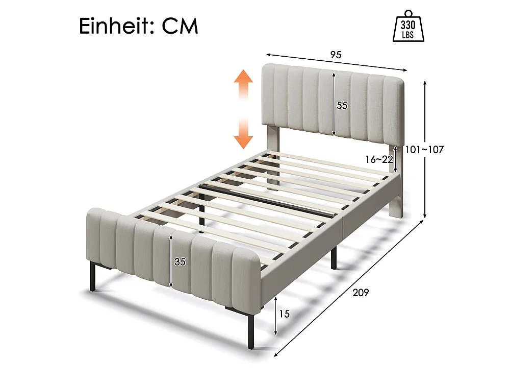 Eenpersoonsbed 90×200 cm in linnenstof, verstelbaar hoofdeinde, houten onderstel en comfortabel modern design