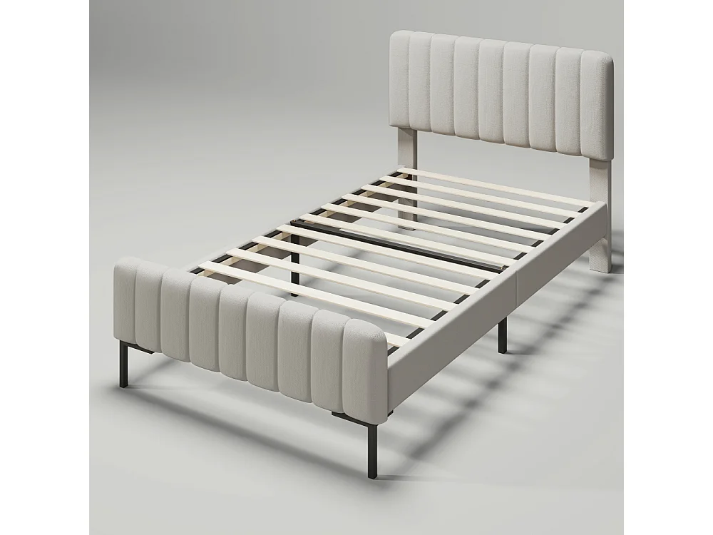 Eenpersoonsbed 90×200 cm in linnenstof, verstelbaar hoofdeinde, houten onderstel en comfortabel modern design