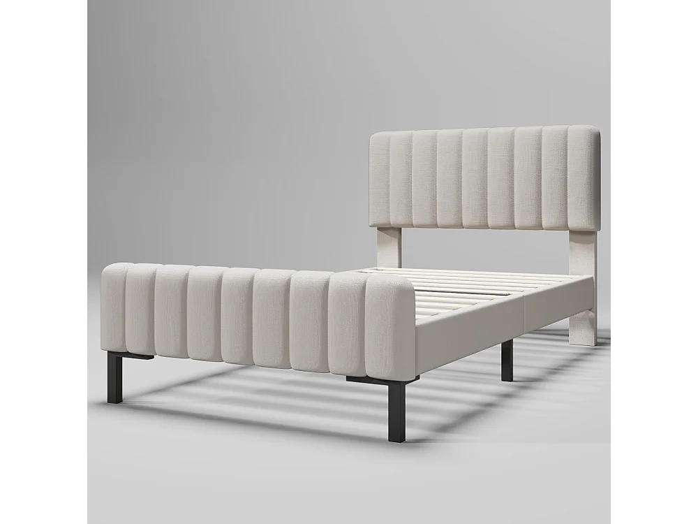 Eenpersoonsbed 90×200 cm in linnenstof, verstelbaar hoofdeinde, houten onderstel en comfortabel modern design