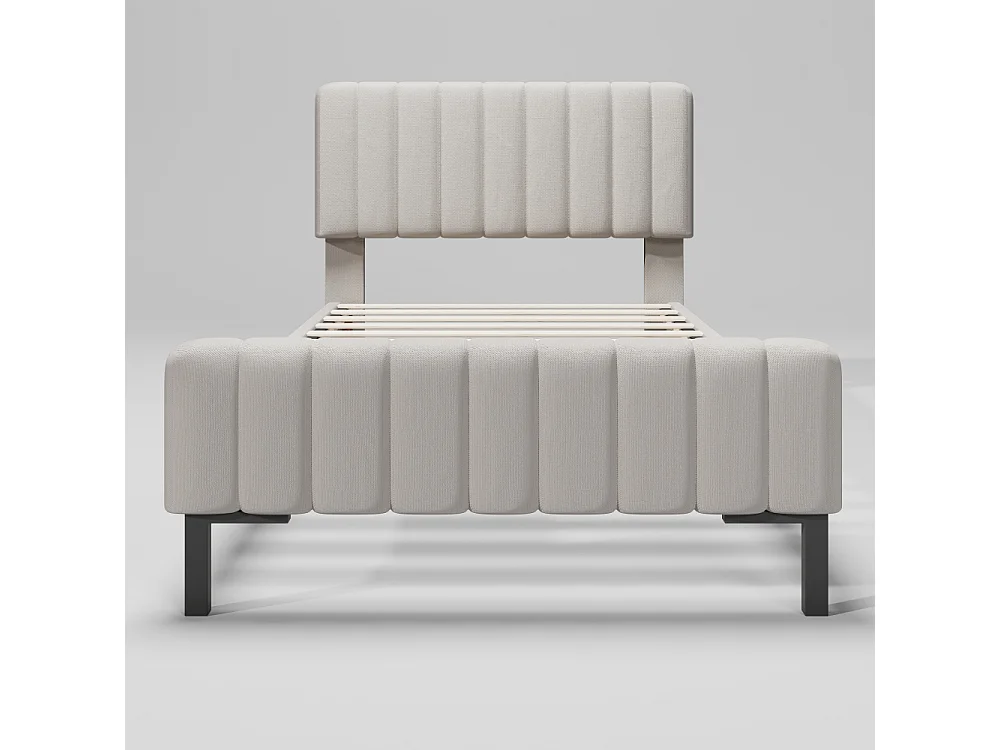 Eenpersoonsbed 90×200 cm in linnenstof, verstelbaar hoofdeinde, houten onderstel en comfortabel modern design