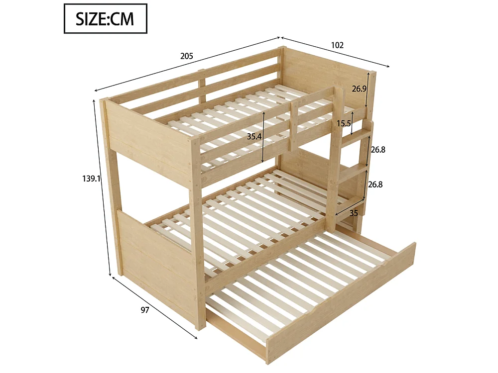 Cama litera de madera 90×200 3en1 cama extraíble convertible dos camas individuales barandilla escalera somier 120 kg