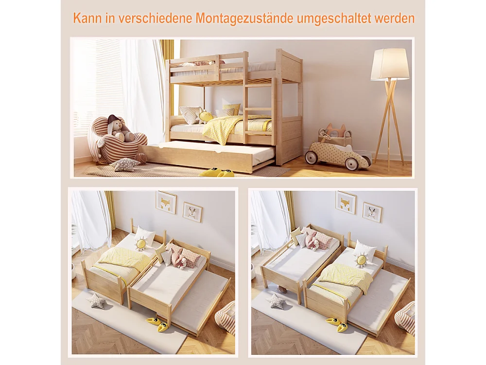Cama litera de madera 90×200 3en1 cama extraíble convertible dos camas individuales barandilla escalera somier 120 kg