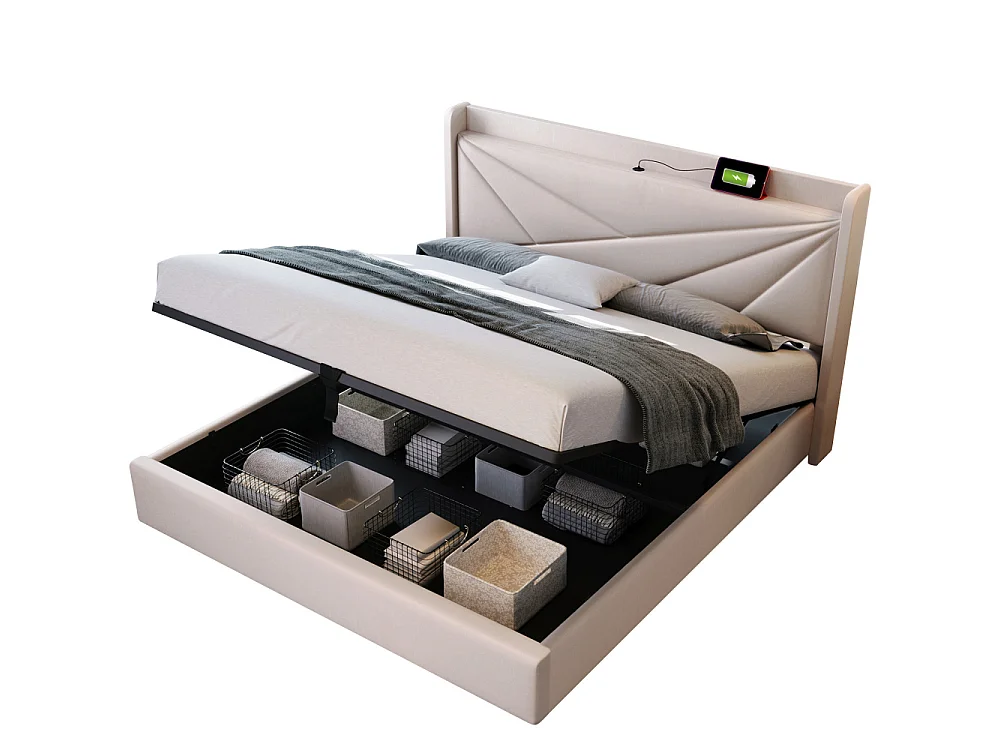 Letto Matrimoniale 180x200 cm con Cassone Portaoggetti, USB Type-C, Tessuto Lino e Testiera Geometrica Moderna