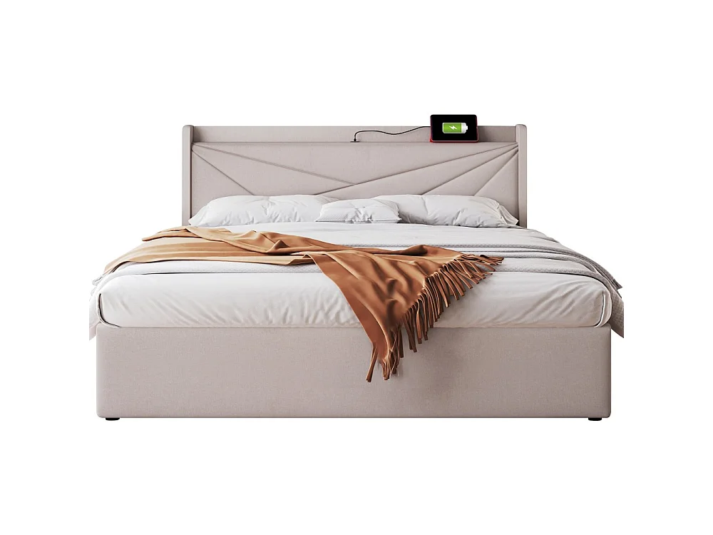 Letto Matrimoniale 180x200 cm con Cassone Portaoggetti, USB Type-C, Tessuto Lino e Testiera Geometrica Moderna