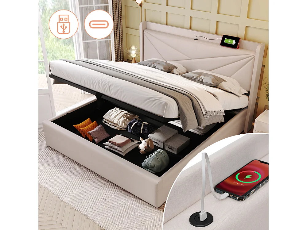 Letto Matrimoniale 180x200 cm con Cassone Portaoggetti, USB Type-C, Tessuto Lino e Testiera Geometrica Moderna