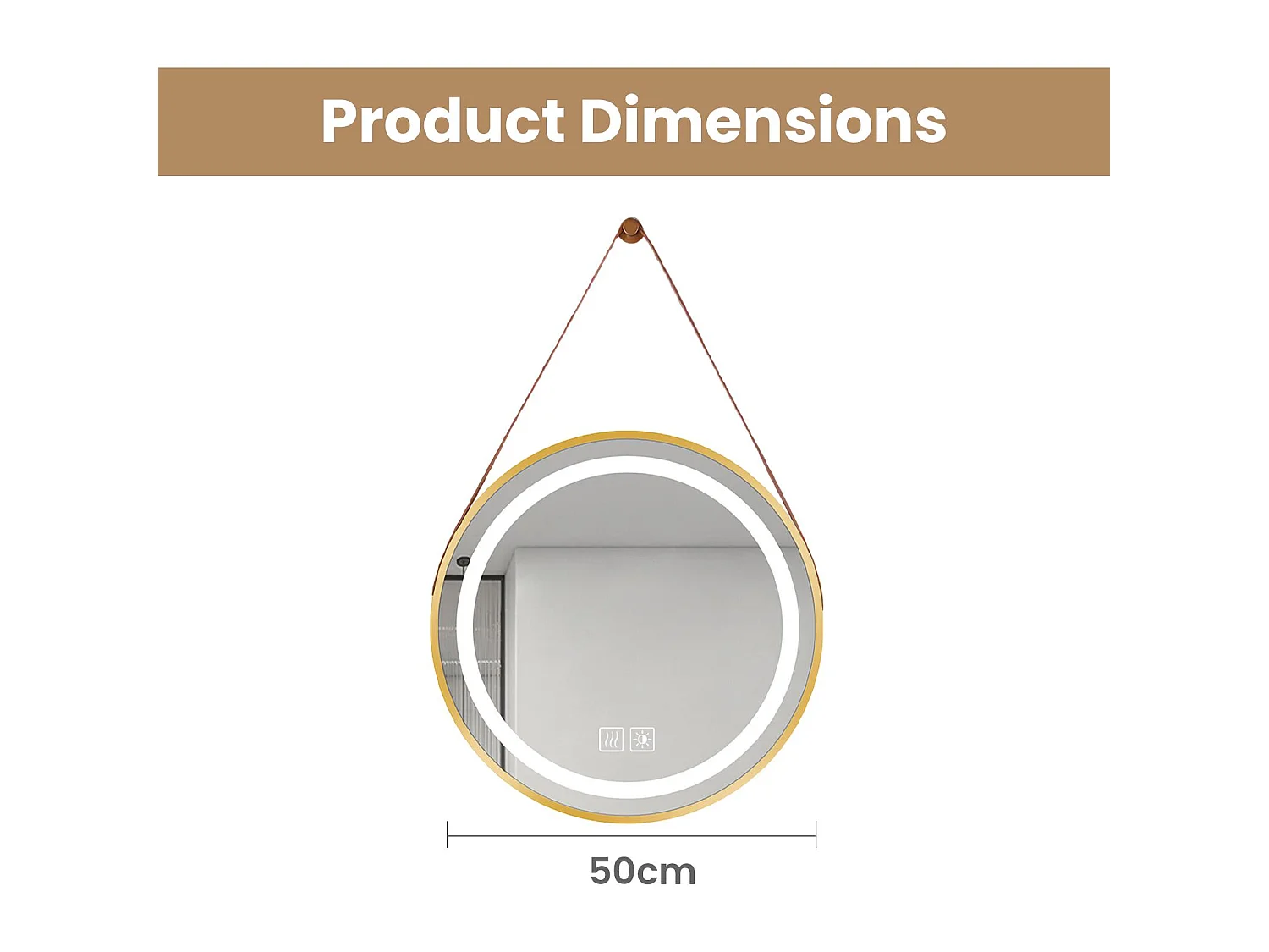 Miroir de salle de bain rond avec éclairage LED d'ambiance de 50 cm de diamètre, anti-buée et tactile