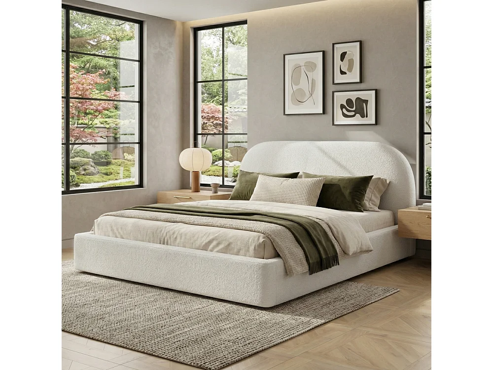 Lit double 180×200 cm en bouclé beige avec sommier à lattes, tête de lit rembourrée, design moderne