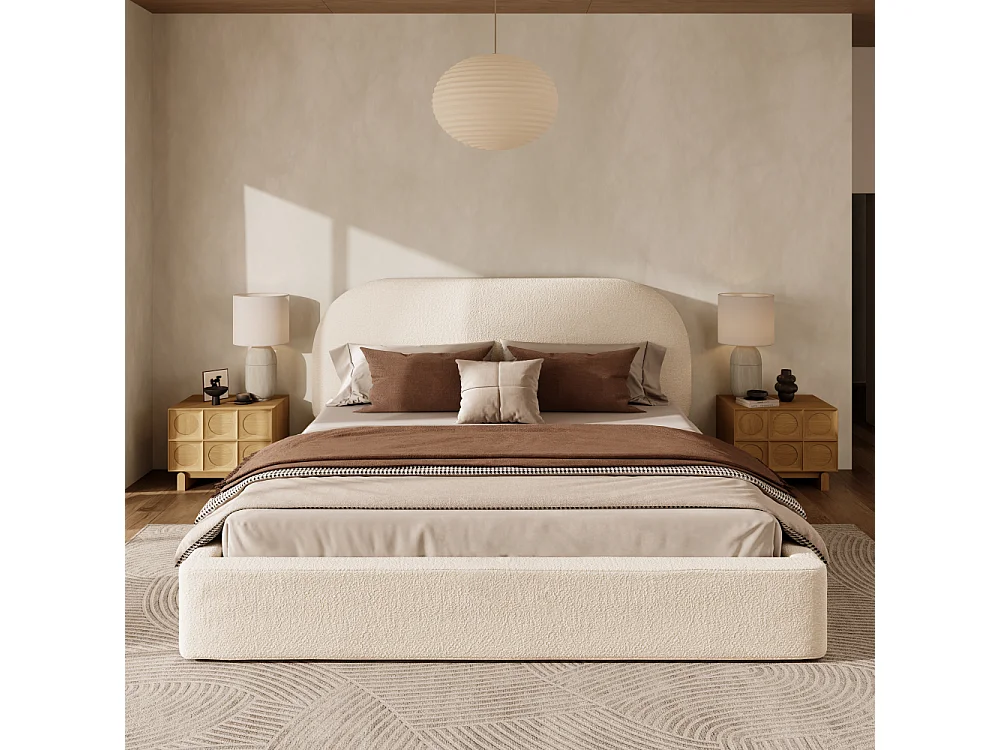 Lit double 180×200 cm en bouclé beige avec sommier à lattes, tête de lit rembourrée, design moderne