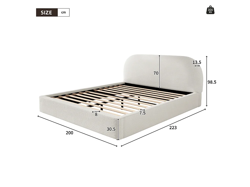 Lit double 180×200 cm en bouclé beige avec sommier à lattes, tête de lit rembourrée, design moderne