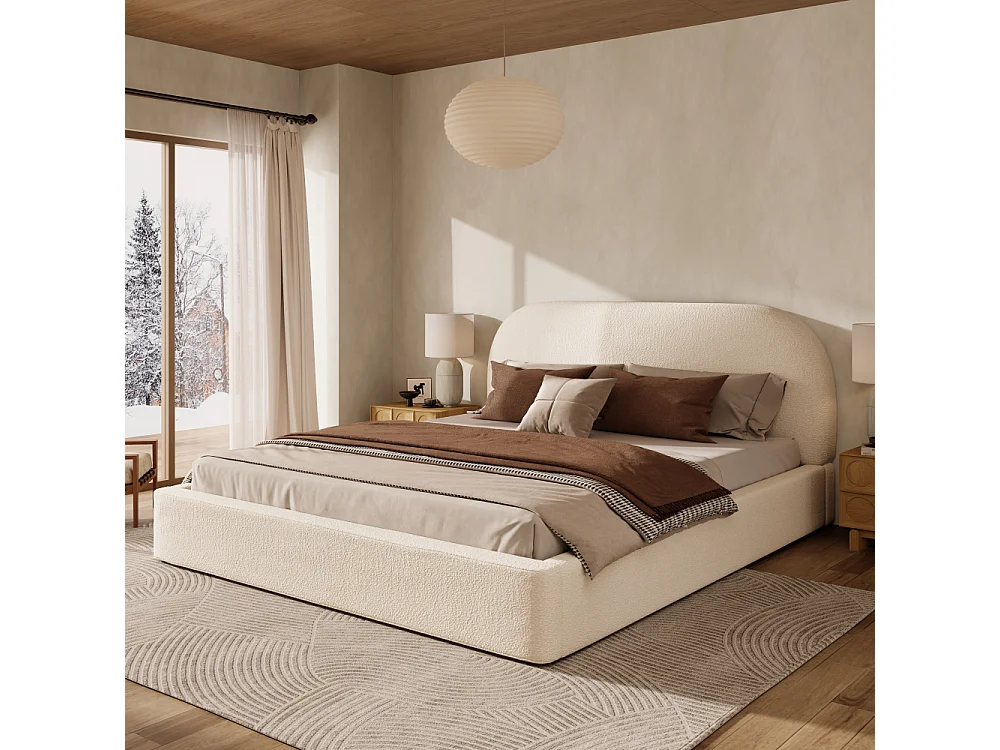 Lit double 180×200 cm en bouclé beige avec sommier à lattes, tête de lit rembourrée, design moderne