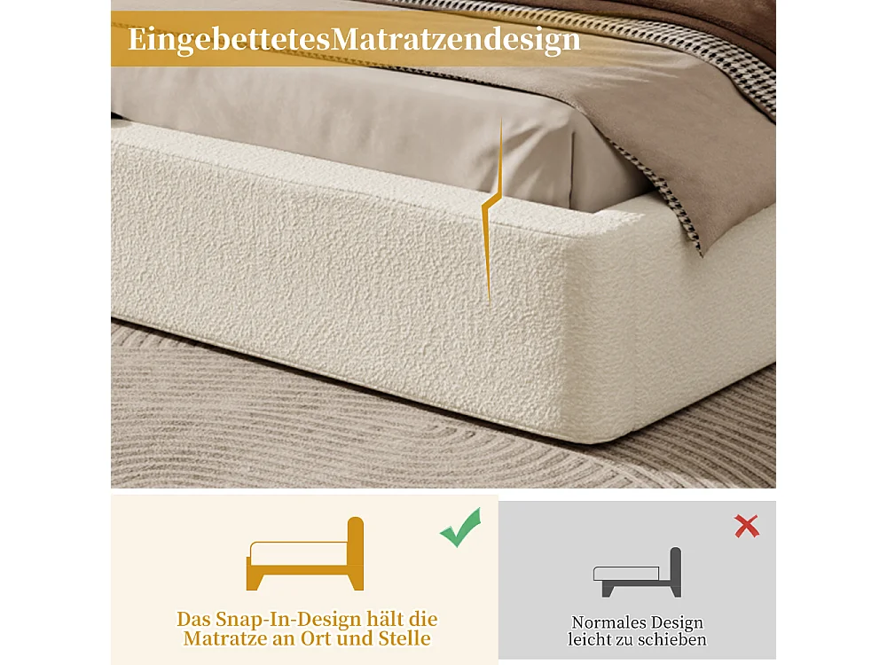 Lit double 180×200 cm en bouclé beige avec sommier à lattes, tête de lit rembourrée, design moderne