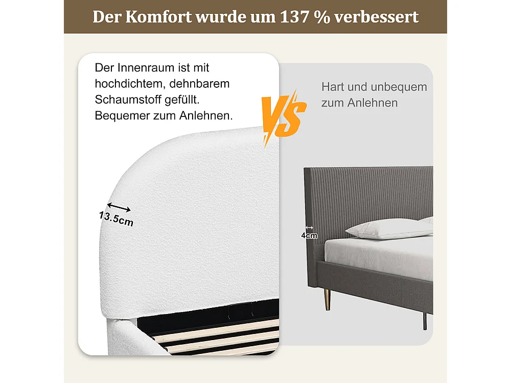 Lit double 180×200 cm en bouclé beige avec sommier à lattes, tête de lit rembourrée, design moderne