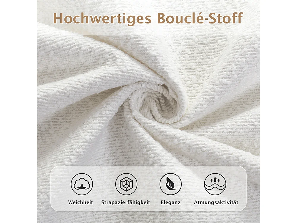 Lit double 180×200 cm en bouclé beige avec sommier à lattes, tête de lit rembourrée, design moderne