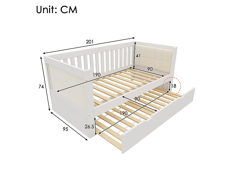Dagbed 90x190 cm met onderschuifbed in wit massief hout – ruimtebesparende extra slaapbank, lattenbodem, 2 personen