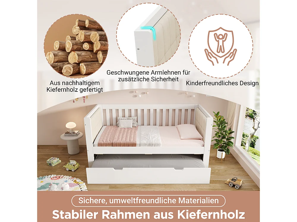 Dagbed 90x190 cm met onderschuifbed in wit massief hout – ruimtebesparende extra slaapbank, lattenbodem, 2 personen